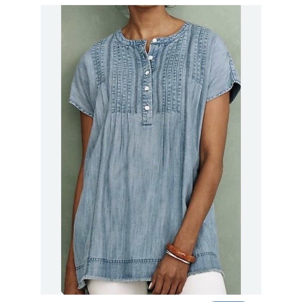 J.Jill Women's Denim Blue‎ Short Sleeve 1/2 Front Button Pleated Blouse Sz XLP